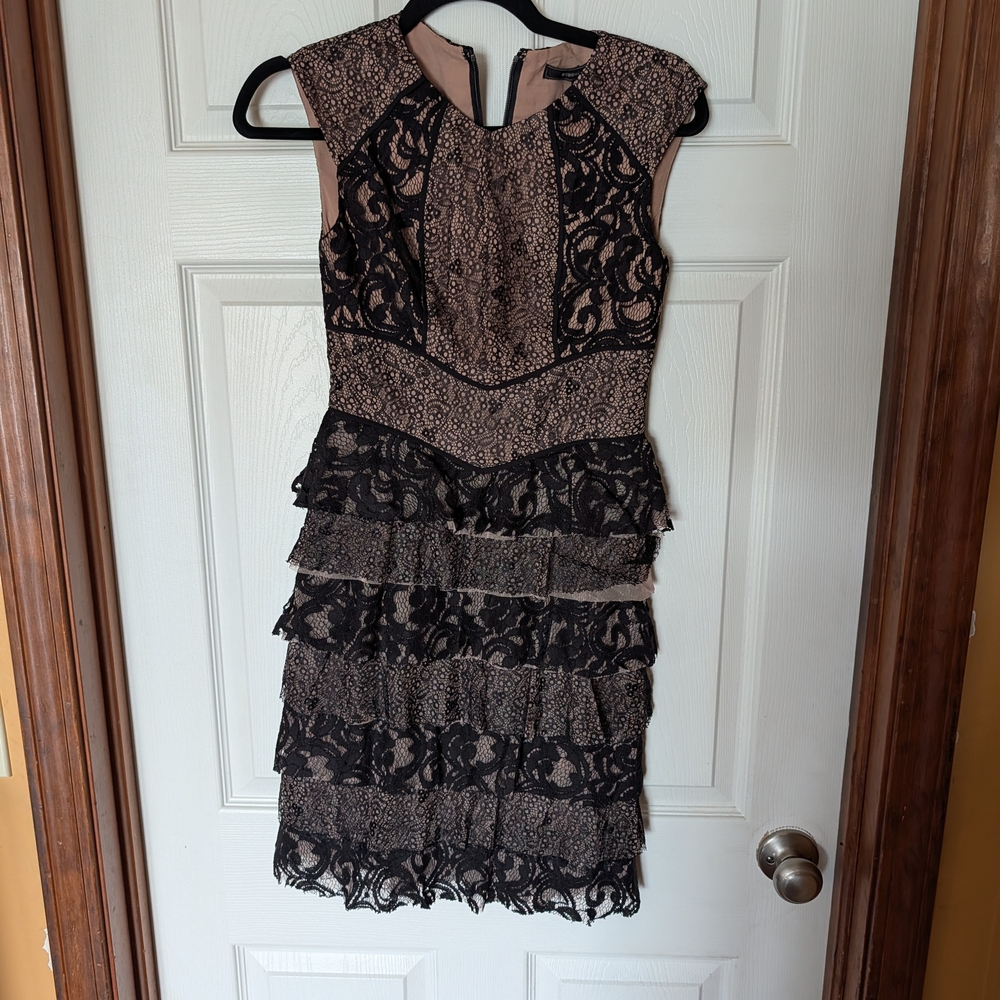 BCBGMaxAzria Black Lace Tiered Mini Dress with Nude Underlay